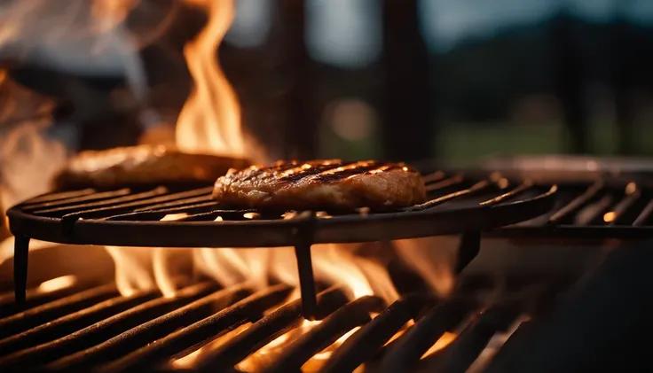 Extreme close-up of a patty flipping in the air above a grill, with sizzling sounds and golden hour light highlighting the action.