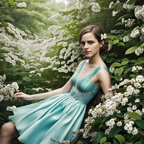 Emma Watson vestindo vestido branco e segurando uma flor branca no meio de uma floresta, Realistic, high-resolution illustration by WLOP