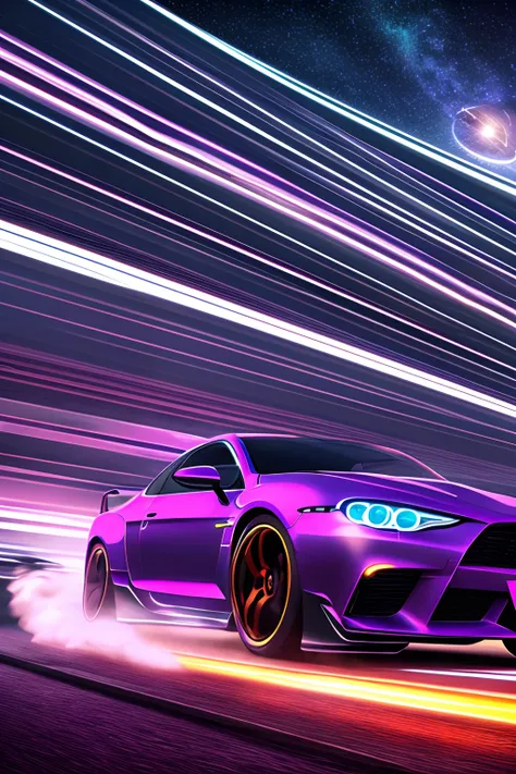 Futuristic car，Running at high speed on the highway，the night，starrysky，purpleish color，lightwave，cyber punk perssonage