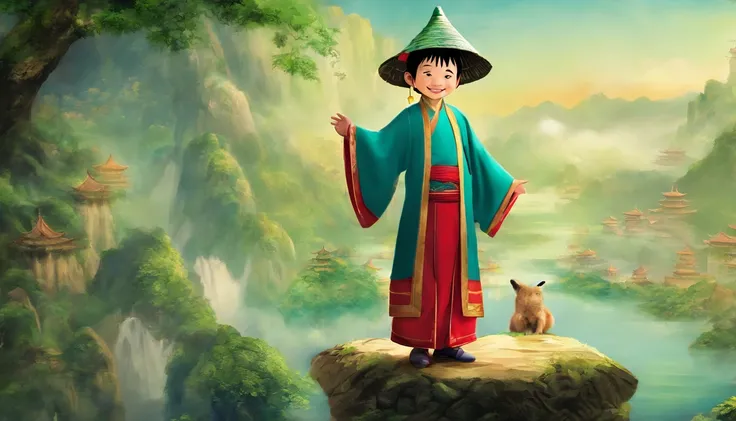 Bob is a seven or eight-year-old Chinese boy, Dressed in Zhuang costumes, He talks and laughs with his friends, Guilin scenery background, 电影灯光.