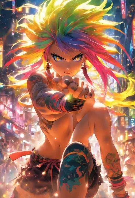 The most beautiful and attractive naked girl with no pants and no shirt, rainbow hair, yellow eyes, highly detailed ninja equipment, thousands of tattoos and piercings, detailed background, excellent masterpiece, high quality, high quality