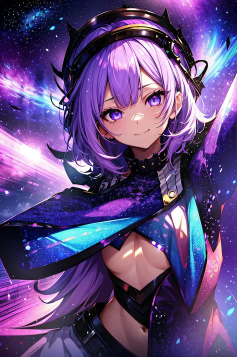 (masutepiece:1.3), (Best Quality:1.3), High resolution, Couboy Shot, on  back, Sleeping, (One Cute Girl:1.3), Solo, White skin、 huge smile、Angel Ring、eight-headed person, Purple hair, (bobhair:1.2), Mixed mesh and light blue、Short hair, (Blunt bangs:1.2), ...