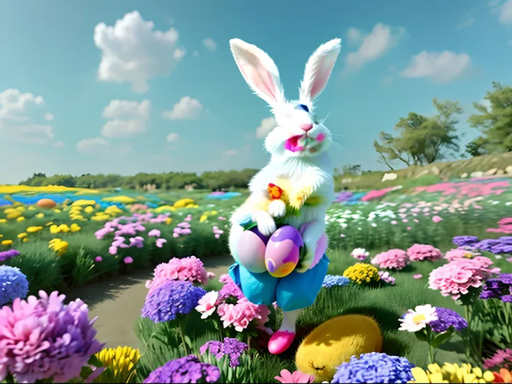 A cute cartoon bunny jumps in a sea of flowers，There are many colorful Easter eggs around