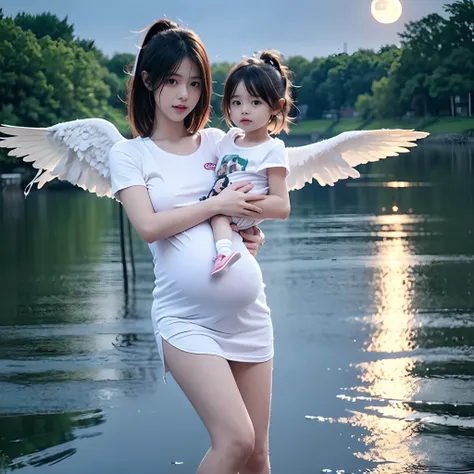 1 girl, lewd, white t shirt, wings, black wings, pregnant, holding a baby, standing, standing in the lake, holding a infant, night with moon in the sky, holding a kid, holding a doll