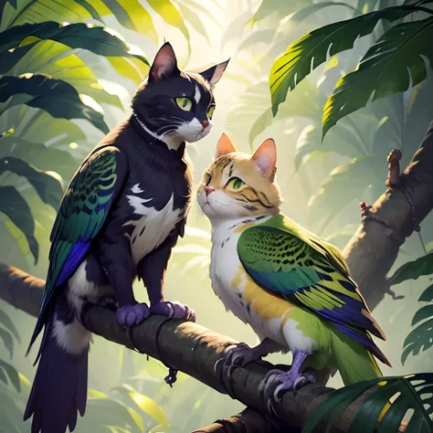 two cats who thinks its a parrot,fluffy,feline,curious,playful,parrot-inspired colors,feathers and fur seamlessly blended,cats green eyes shining,sharp claws,pouncing on branches,purple and blue background,whiskers twitching,hanging from a perch,purrr-rott...