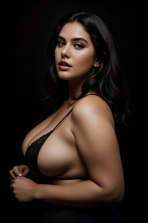 "Compose a visually striking and empowering scene featuring a gorgeous plus-size female model with stunning dark hair, posed gracefully against a dramatic black background, capturing her confidence, beauty, and individuality."