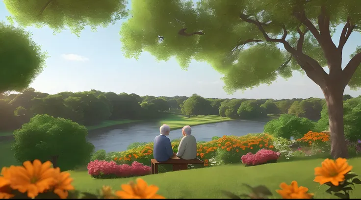 An old man and his 18 year young boy sitting on a desk under oak tree,telling story one sunny day,faces on horizon,colors with colorful flowers orange green red blue river butterflies real photo 3d cinema 8k sun well lit vibrant colors shrubs rocks