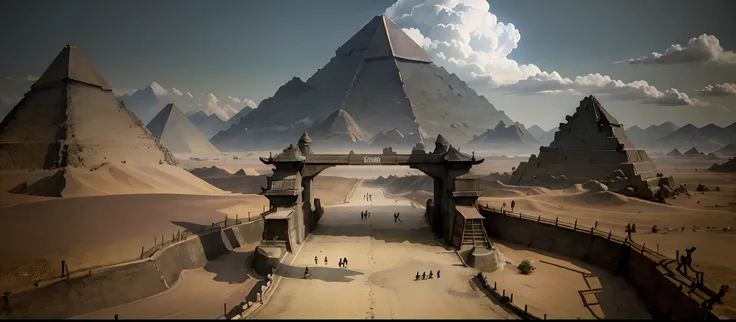 Create a dark old Japanese Gate with the Pyramids of Giza behind it