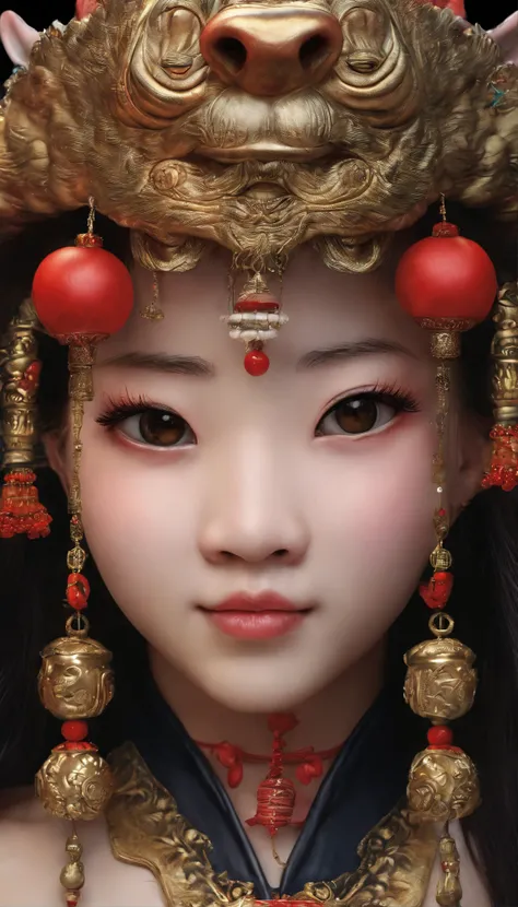 Traditional Chinese culture，1girll，lion dance，Awaken the lion，characteristic，The facial features are delicate and beautiful，The black and red lion head is worn on the head，Dance the lions head dance with both hands，jubilation