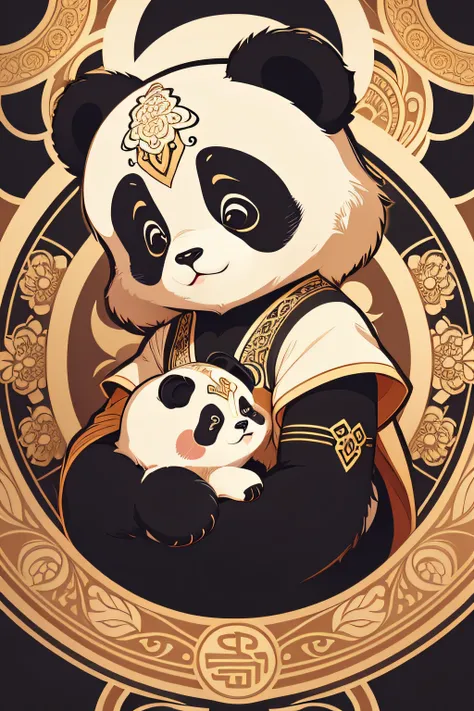 vector illustration, cute panda, Le style Mucha background, with floral, full with elegent lines and byzantine style