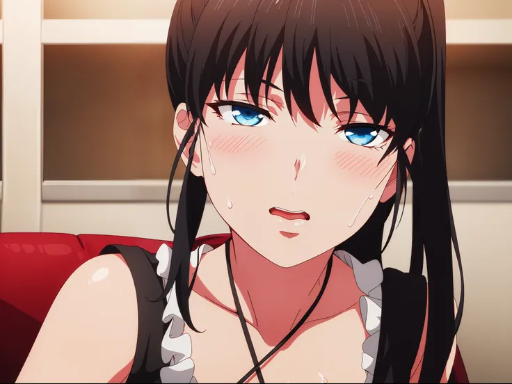 one-girl,(Wearing a maid outfit,Long black stockings,),black_Hair,Blue eyes,pony tails,bangs,Long hair, 1 girl, 20yr old,younger female,Beautiful Finger,Beautiful long legs,Beautiful body,Beautiful nose,Beautiful character design, Perfect eyes, Perfect fac...