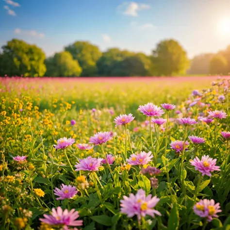 (Best Quality,hight resolution),Flower in a meadow,Beautiful bright colors,natural lighting,Soft sunlight,blooming flowers,Detailed petals,A gentle breeze,Majestic nature,serene atmosphere,Floral Beauty