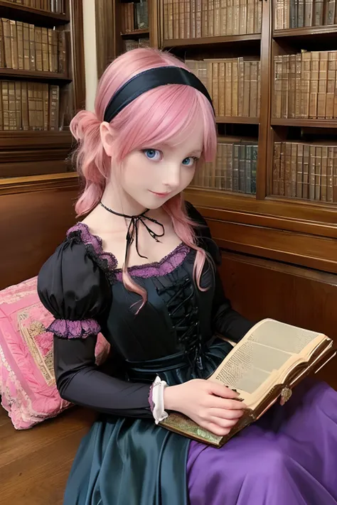 (Antique style, Girly: 1.2, Pink hair: 1.1, Blue eyes: 1.1, Big Eyes 1.2,Gothic Dresses 1.2,Purple 1.3,Pretend headband 1.4,Reading antique books)