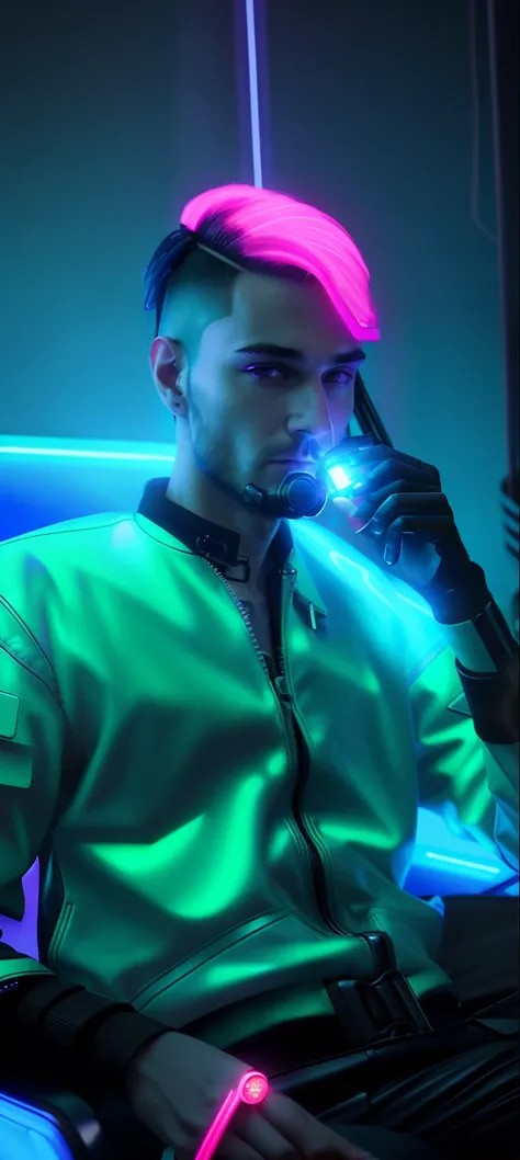 there is a man sitting in a chair with a flashlight in his hand, cyberpunk with neon lighting, cyberpunk lighting, in cyberpunk style, wearing cyberpunk leather jacket, cyberpunk photo, in a cyberpunk setting, hyper-realistic cyberpunk style, cyberpunk vib...