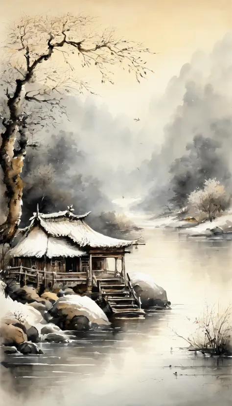 Chinese landscape painting，ink and watercolor painting，water ink，ink，Smudge，Faraway view，Ultra-wide viewing angle，Meticulous，Fishing boat vistas，Meticulous，Smudge，low-saturation，Low contrast，Fishing alone in the cold river snow，snow landscape，Beautifully d...