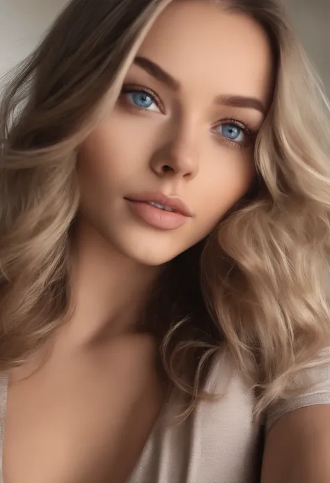 arafed woman fully , sexy girl with blue eyes, ultra realistic, meticulously detailed, portrait sophie mudd, blonde hair and large eyes, selfie of a young woman, bedroom eyes, violet myers, without makeup, natural makeup, looking directly at the camera, fa...