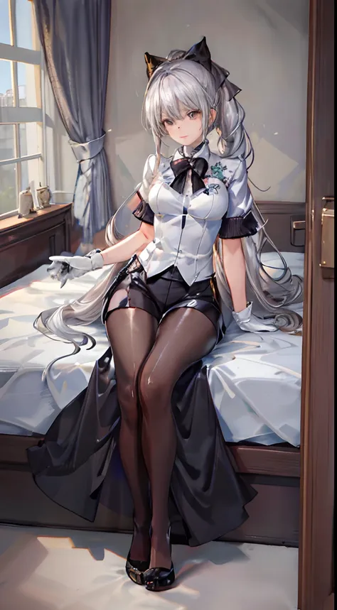 1 girl)), ray tracing, (dim lighting), [detailed background (bedroom)), ((silver hair)), ((silver hair)), (fluffy silver hair, p...