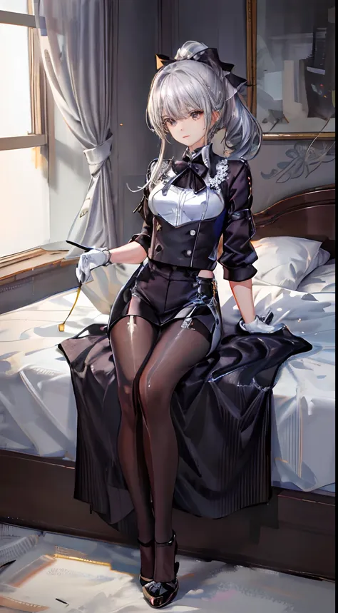 1 girl)), ray tracing, (dim lighting), [detailed background (bedroom)), ((silver hair)), ((silver hair)), (fluffy silver hair, p...