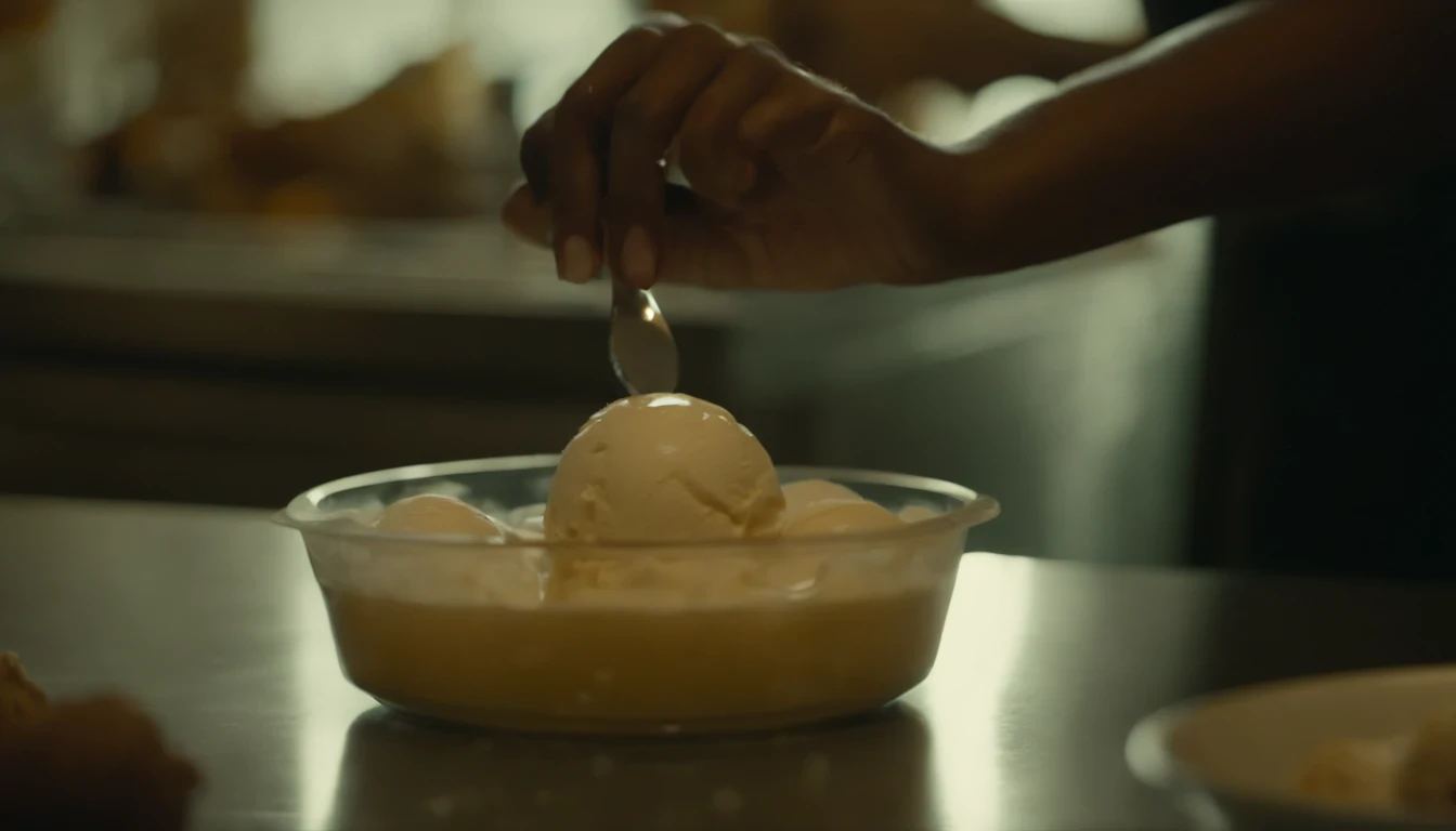 black female in the kitchen scooping ice cream from a container, with an extreme close-up of the ice cream spoon and soft warm light