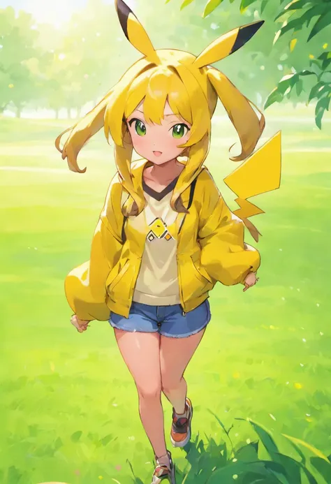 pikachu girl, with casual outfit, grass background,realistic 1.2