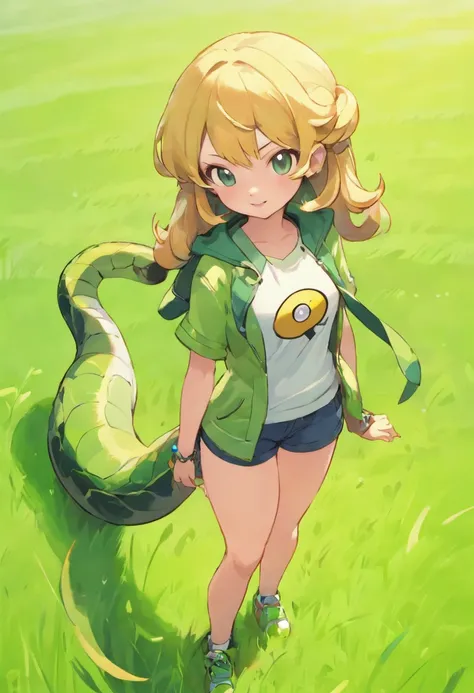 snake girl, with casual outfit, grass background,realistic 1.2