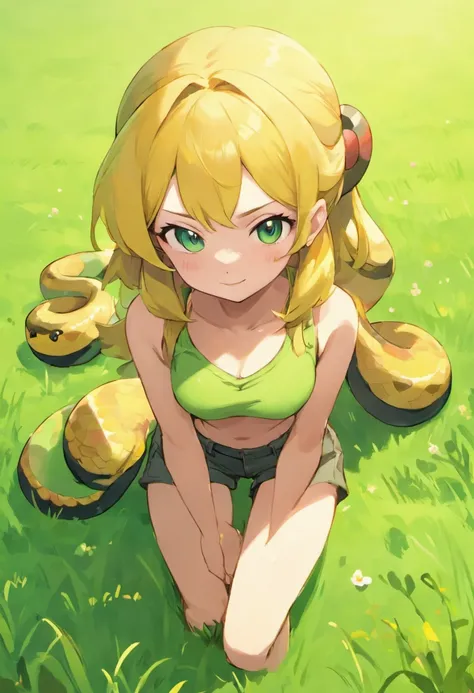 snake girl, with casual outfit, grass background,realistic 1.2