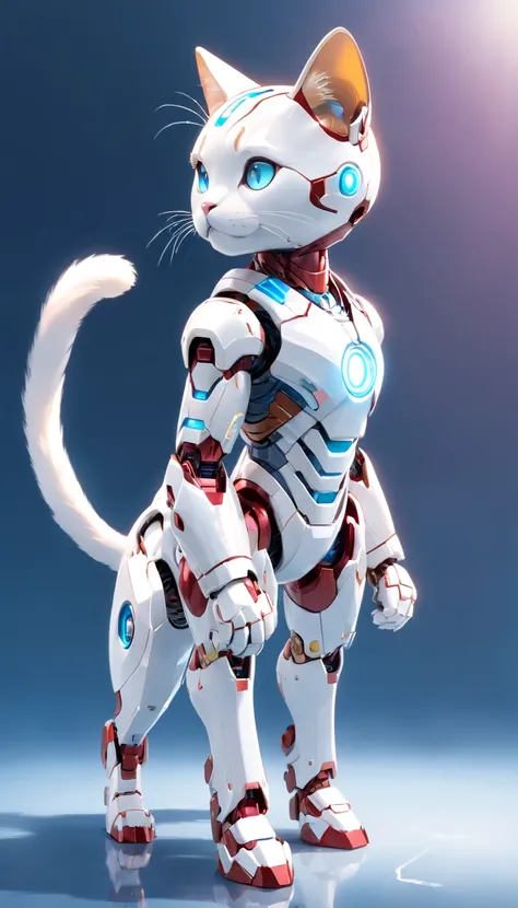 (robotic cat inspired iron man, white color: 1.3), (blind box toy style:1.3), (full body shot), a cute transparent robot cat, Transparent Mech, Exquisite Helmet cat :1.2, Glasses:1.2, Cyberpunk, dreamy glow , bright neon lights, clean, white background, (g...