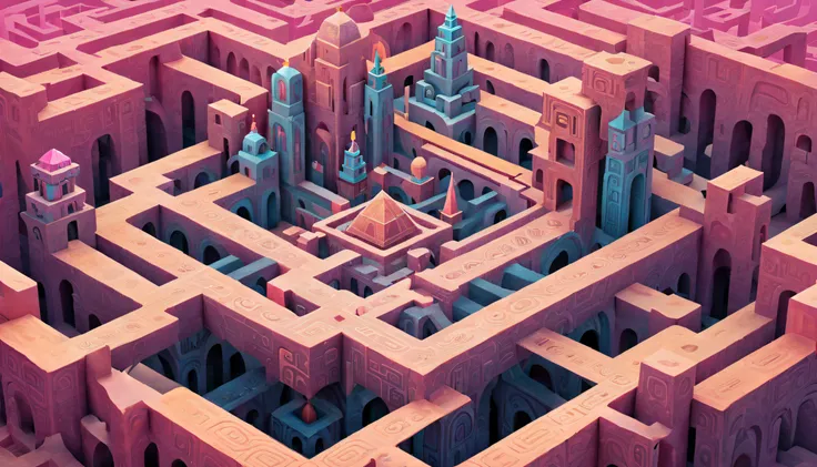 monument valley，labyrinth of magical castles，lost treasure，geometric space，unordered regular three-dimensional pattern，ancient t...