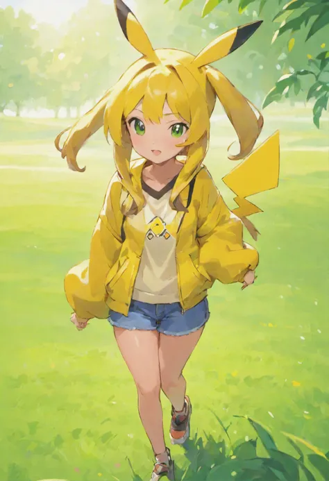 pikachu girl, with casual outfit, grass background,realistic 1.2