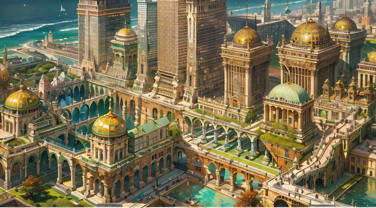 atlantean，Rise slowly from the sea，Extremely gorgeous，A shocking scene，A magnificent city，Extremely complex urban fabric，Ancient city-state，Golden Age legacy