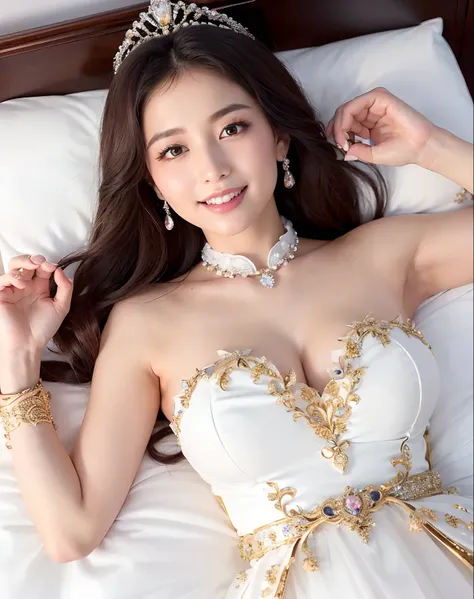 ((Princess of the Japan,Pretty Princess,Phenomenally cute schoolgirl,The cutest woman,goddess of Japan, bulging chest,large full breasts,)),((lying on a gorgeous bed、Unimaginably gorgeous bed,The most gorgeous bed,Staring at us,Lying in bed,lying on the be...