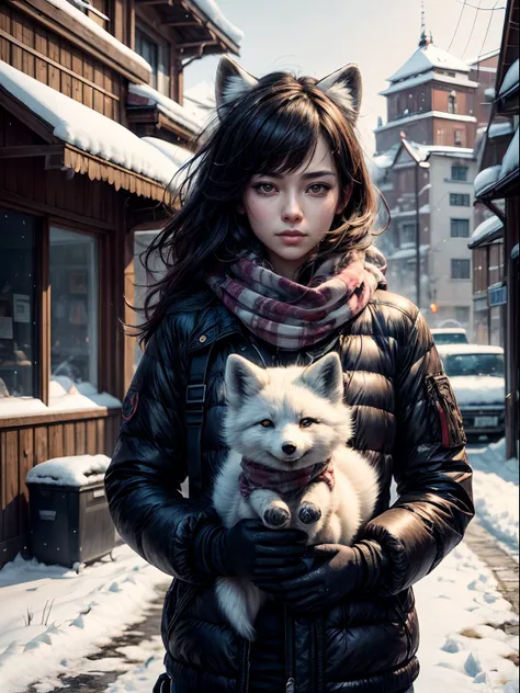 Style-NebMagic, portrait of Ismail Inceoglu, Gazelli, James jean, Anton Fadeev and Yoshitaka Amano, a fluffy cute Arctic fox wearing a Style-SylvaMagic scarf in the snow, very detailed, 8k resolution, digital art, trending on artstation, Vibrant Colours, C...