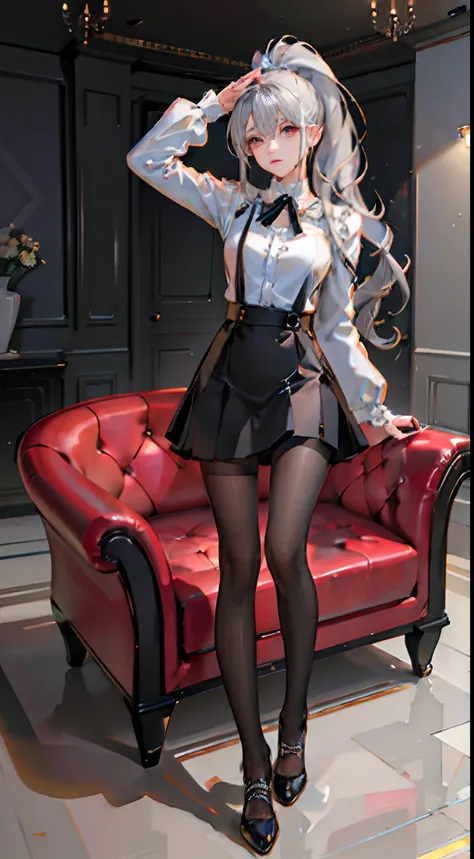 1 girl! Ray tracing, best shadows, high resolution (dim lighting) detailed background (living room) fluffy silver hair, plump and slender girl, high ponytail avoiding golden eyes in the ominous living room (girl wearing white shirt, black wrinkled skirt, w...