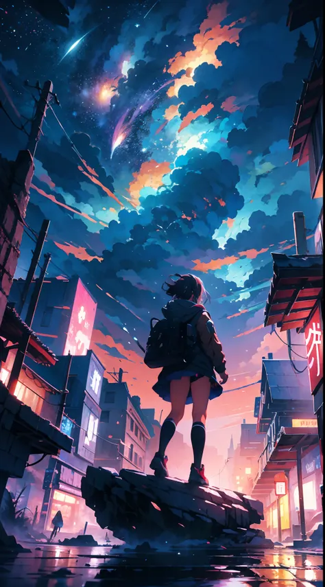 An anime girl standing on a rock、Looking at a starry sky, makoto shinkai cyril rolando, anime art wallpaper 4k, anime art wallpaper 4k, Anime art wallpaper 8k, by makoto shinkai, inspired by Cyril Rolando, in the style dan mumford artwork, amazing wallpape...