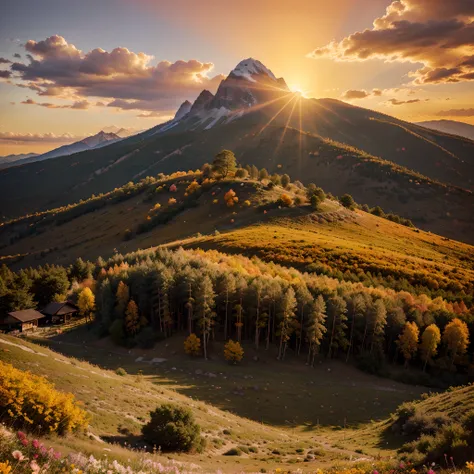 Create a mountain landscape with colorful trees and flowers, With the sunset and the orange sky with the rays of the sun, imagem altamente detalhada em 4k