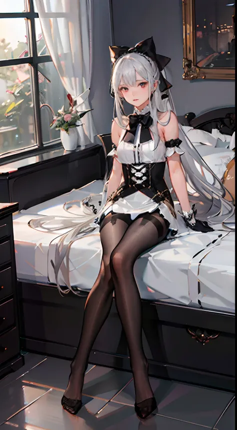 (((1 girl)),ray tracing,(dim lighting),[detailed background (bedroom)),((silver hair)),((silver hair)),(Fluffy silver hair, plump slender girl)) with high ponytail)))) Avoid blonde eyes in the ominous bedroom ((((Girl wears intricately embroidered black hi...