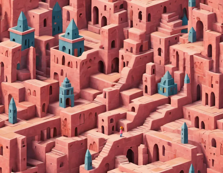 1Blittle girl，In Monument Valley，Labyrinth of magical castles，Little girl looking for lost treasure，Geometric space，Unordered regular three-dimensional pattern，Ancient totem poles，Tall monument，Intricate staircase,Pink space