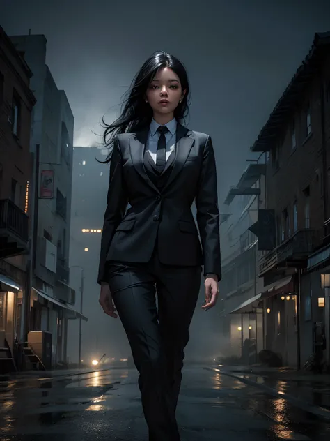 A beautiful woman. Black hair that reaches down to the back. She is wearing a black business suit. She is standing in a deserted, foggy town. The time is late at night. 8K image quality. 4K quality. A masterpiece.