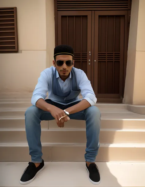 arafed man sitting on steps with sunglasses on his face, with a cool pose, cool pose, taken with sony alpha 9, very very low quality picture, very artistic pose, riyahd cassiem, mohamed chahin, mohamed chahin style, candid picture, shot on nikon z9, ayan n...