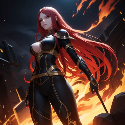 Solo female, Adult beautiful woman, red long hair, yellow eyes, glowing eyes, fire, ancient powers, controlls the fire, exotic, mysterious, confidant, measures 75-40-95, wears a black coat, has fire powers, small waist, confidant, long legs, big legs, big ...