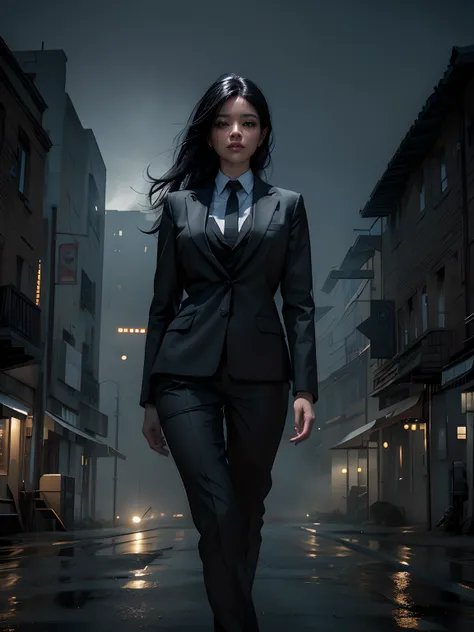 A beautiful woman. Black hair that reaches down to the back. She is wearing a black business suit. She is standing in a deserted, foggy town. The time is late at night. 8K image quality. 4K quality. A masterpiece.