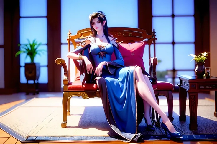 araffe woman in blue dress laying on a couch in a living room, blue dress, wearing blue dress, blue silk dress, in blue dress, in a blue qipao, gorgeous chinese model, pretty girl with blue hair, wearing a blue dress, beautiful asian girl, rich blue color,...