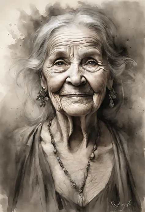 Detailed charcoal drawing in the style of Viktor Miller-Gausa, Ross Tran, Brian Froud, Tom Bagshaw of a Kind Elderly Woman, avec soft, Intricate shadows on her wrinkled face, Capturing the weathered beauty of a long and fulfilling life