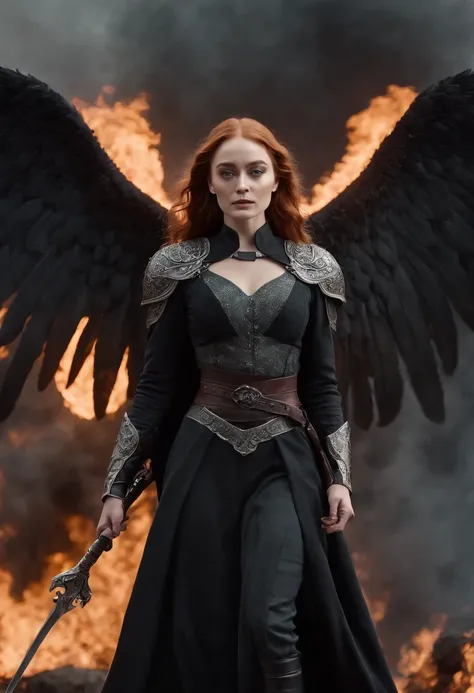 Looks like Sophie Turner, (masterpiece, 8K, UHD, photo-realistic:1.3), Deaths Angel, man, (glistening ebony wings:1.4), towering, holding a (sleek scythe:1.2) in grip, cold steel, reflecting flames, standing atop, (mound of skulls:1.3), empty eye sockets, ...