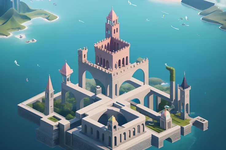 the princess searches for missing treasure in monument valley，monument valley is a futuristic castle in the medieval style，there...