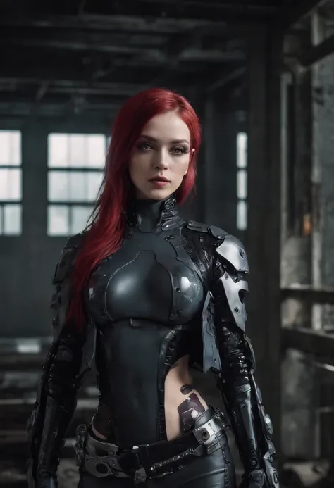 cyborg woman posing for a photo in the inside of an abandoned factory, cyberpunk aesthetic, cyborg woman, dark techno aesthetic, industrial goth aesthetic, intern of an abandoned factory in the background, ultra detailed, photorealistic, masterpiece.