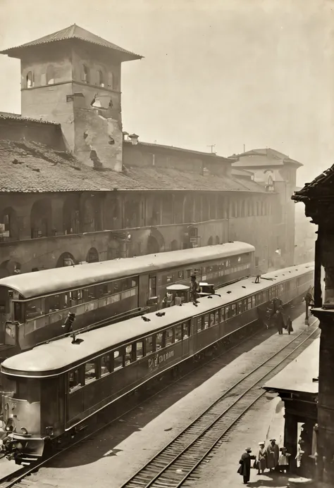 A bustling train station in 1922 Italy, with a sleek and modern train standing ready to depart.