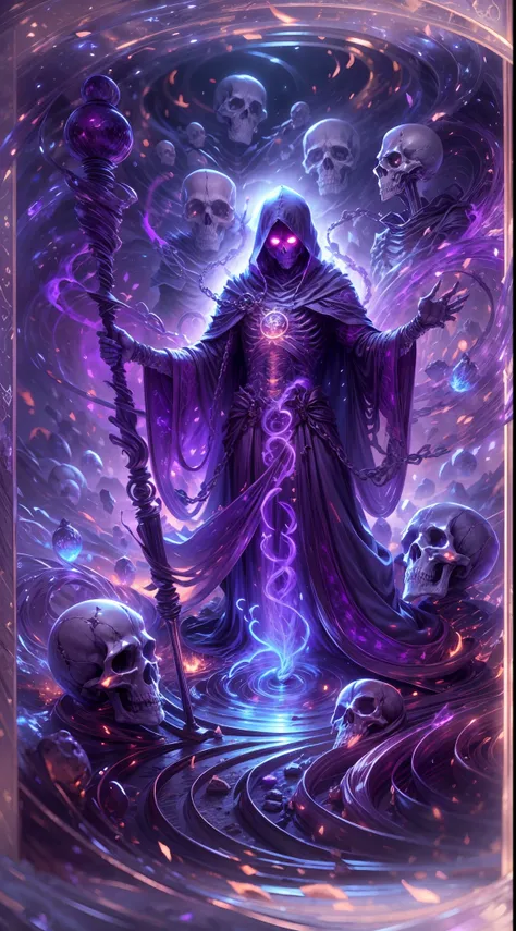 a dark runic skeleton lich, black gold skeleton, magical void energy, glowing eyes,holding a long staff with it's skelly hand, s...