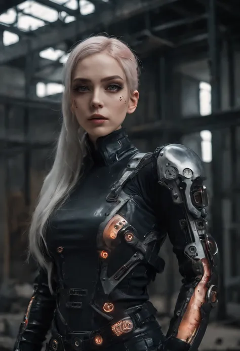 cyborg woman posing for a photo in the inside of an abandoned factory, cyberpunk aesthetic, cyborg woman, dark techno aesthetic, industrial goth aesthetic, intern of an abandoned factory in the background, ultra detailed, photorealistic, masterpiece.