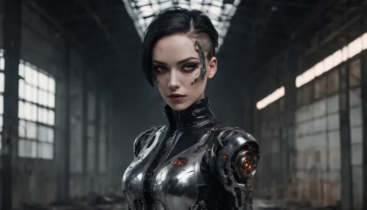 cyborg woman posing for a photo in the inside of an abandoned factory, cyberpunk aesthetic, cyborg woman, dark techno aesthetic, industrial goth aesthetic, intern of an abandoned factory in the background, ultra detailed, photorealistic, masterpiece.